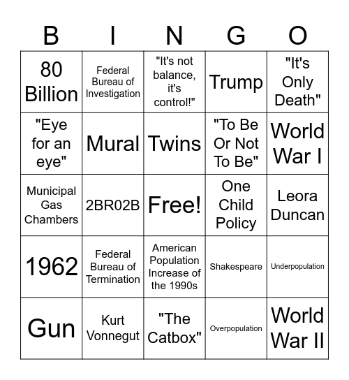 English Seminar Bingo Card