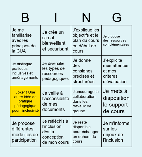 Bingo de la pédagogie inclusive Bingo Card