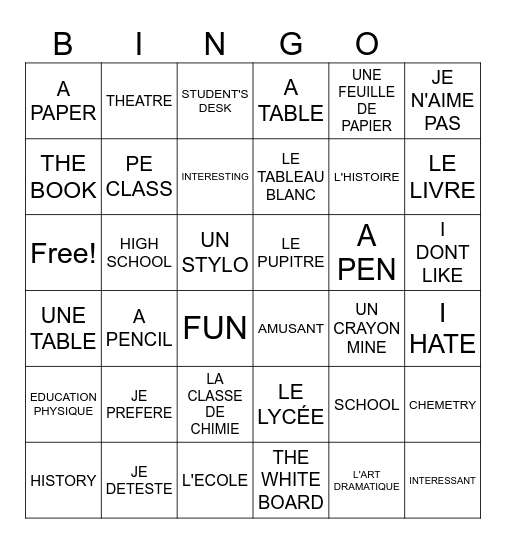 LES COURS-LE LYCÉE Bingo Card