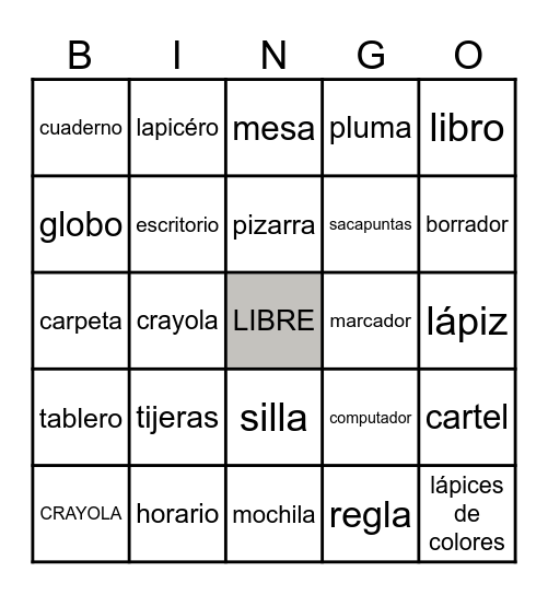 Los útiles escolares Bingo Card