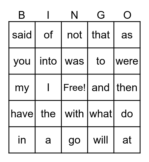 High frequency words Bingo Card