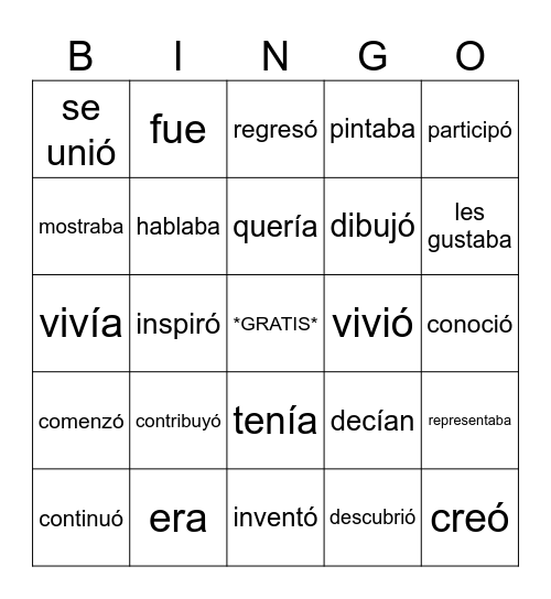 U1 Preterite and Imperfect Verbs Bingo Card