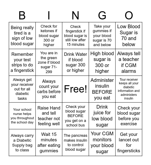 Diabetic Bingo Card