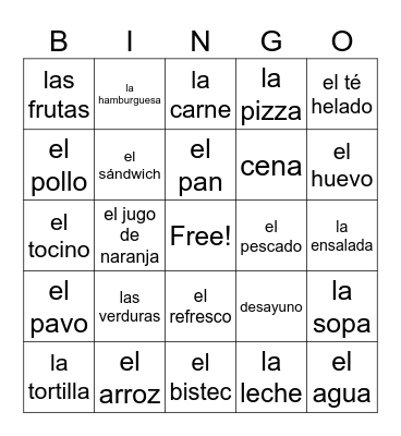 La comida (7th grade list) Bingo Card