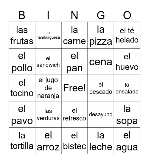 La comida (7th grade list) Bingo Card