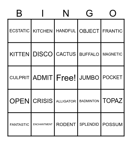 SYLLABLE BINGO Card