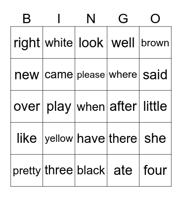 Sight Words Bingo Card