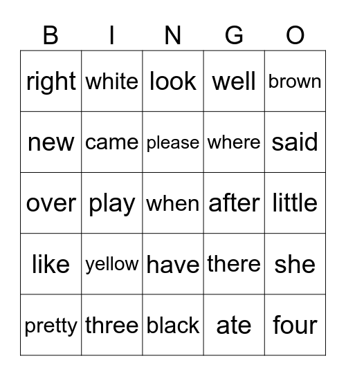Sight Words Bingo Card