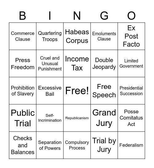 Bill of Rights Bingo Card