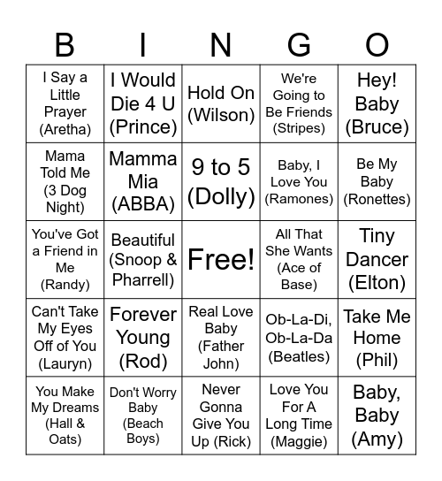 "Baby" Music Bingo Card