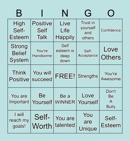 Self-Esteem Bingo Card