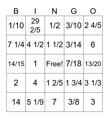 Fractions Bingo Card