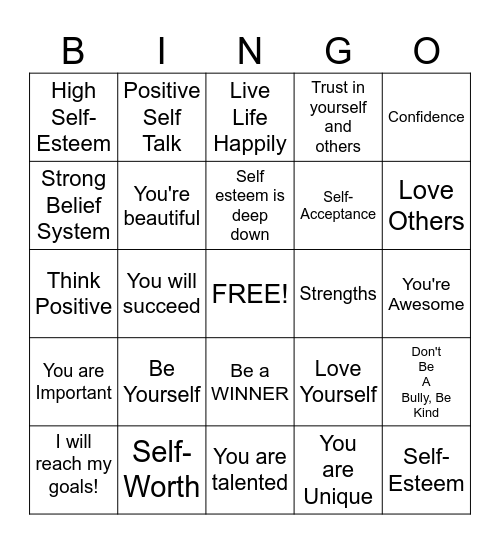 Self-Esteem Bingo Card