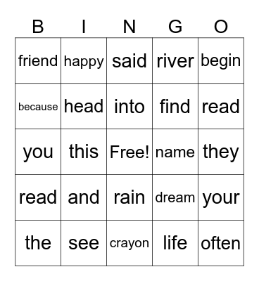 Sight Words Bingo Card