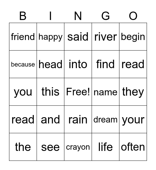 Sight Words Bingo Card