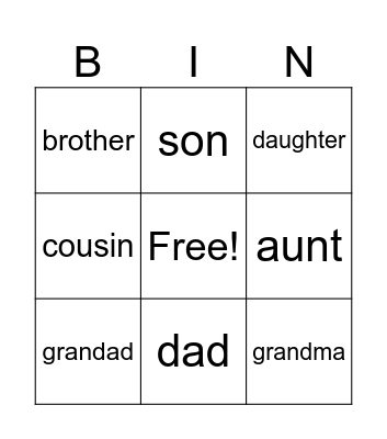 family bingo Card