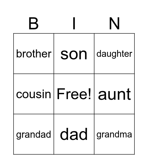 family bingo Card