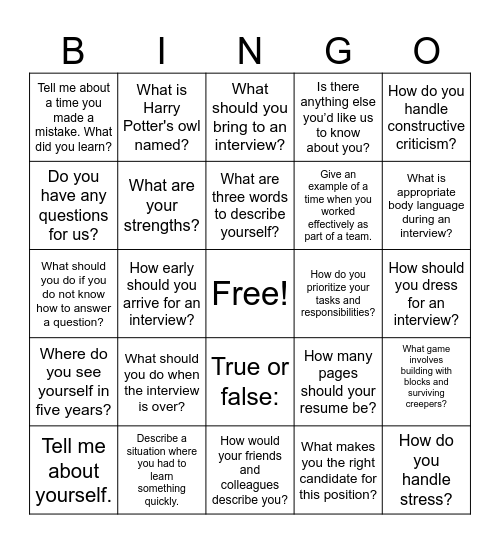 Interview Skills: Bingo Card