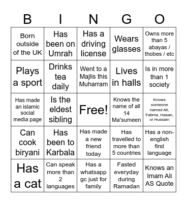 Ahlulbayt Bingo Card