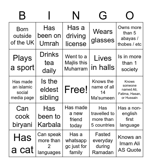 Ahlulbayt Bingo Card