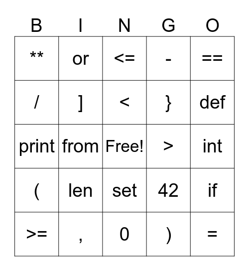 Symbols, Keywords, Types & Literals Bingo Card