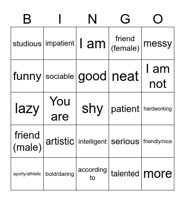 1B adjectives Bingo Card