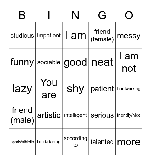 1B adjectives Bingo Card
