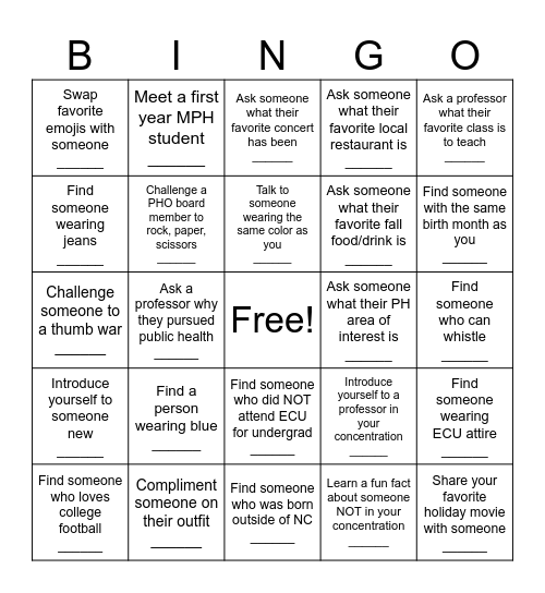 Public Health Meet & Greet Bingo Card