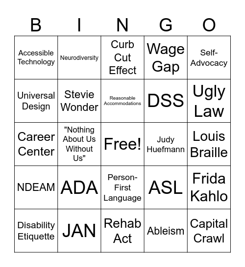Disability Bingo Card