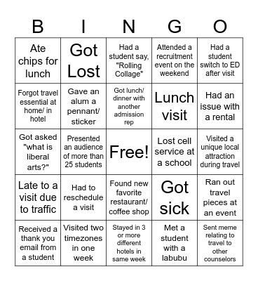 Rollins Admission Counselor Travel Bingo2025 Bingo Card