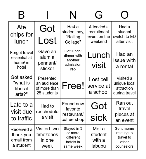 Rollins Admission Counselor Travel Bingo2025 Bingo Card