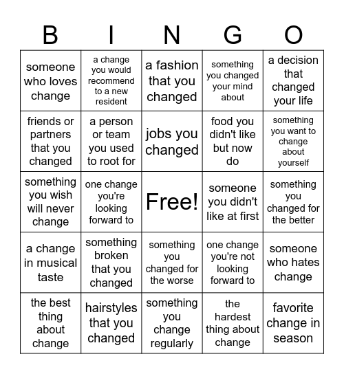 CHANGE! Bingo Card