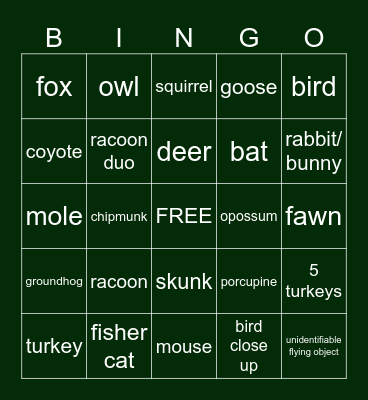 Challenge Course Wildlife Bingo Card