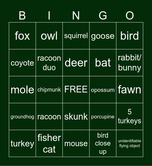Challenge Course Wildlife Bingo Card