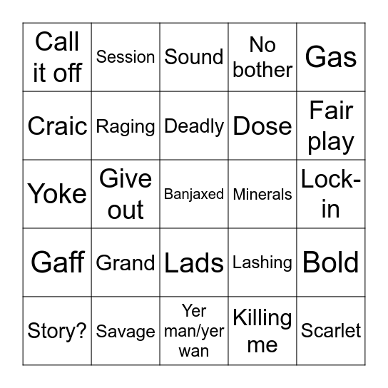 Irish Slang Terms Bingo Card