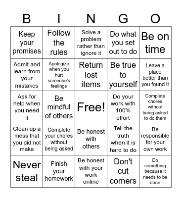 Honesty and Integrity Bingo Card