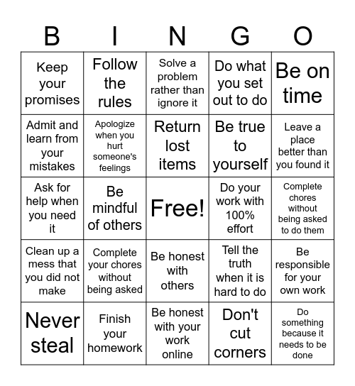 Honesty and Integrity Bingo Card