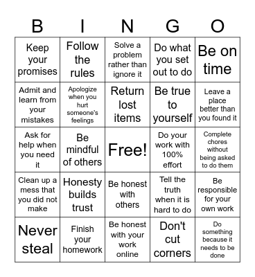 Honesty and Integrity Bingo Card