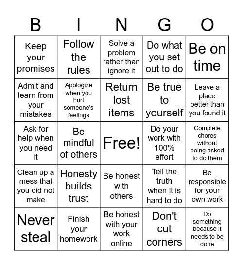 Honesty and Integrity Bingo Card
