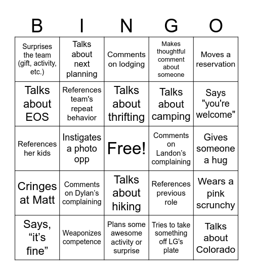 Dana Bingo Card