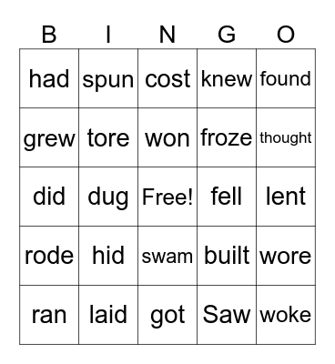 Irregular verbs Bingo Card