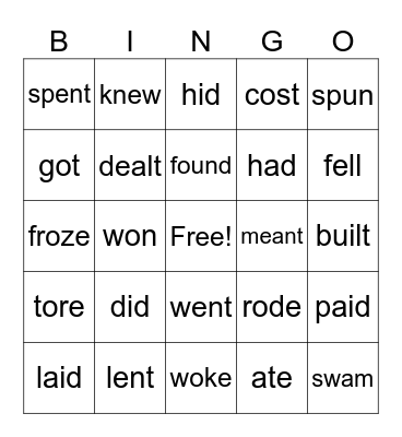Irregular verbs Bingo Card