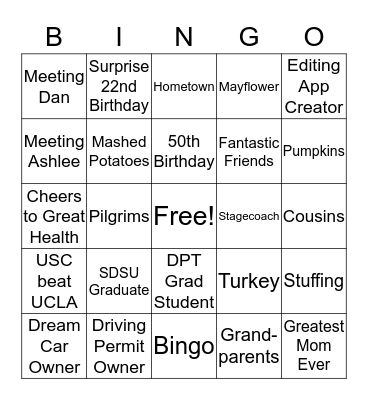 TURKEY BINGO 2016 Bingo Card