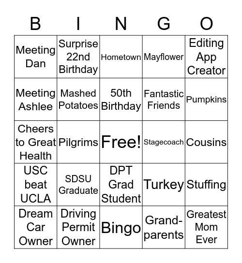 TURKEY BINGO 2016 Bingo Card