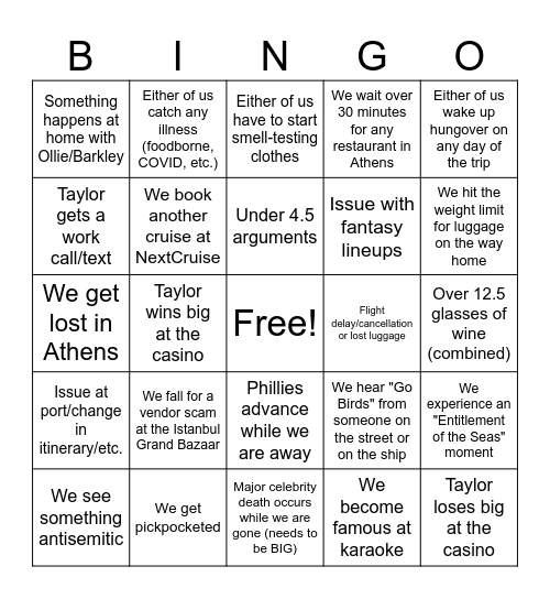 Taylor and Lisa Bingo: Greece and Turkey Edition Bingo Card