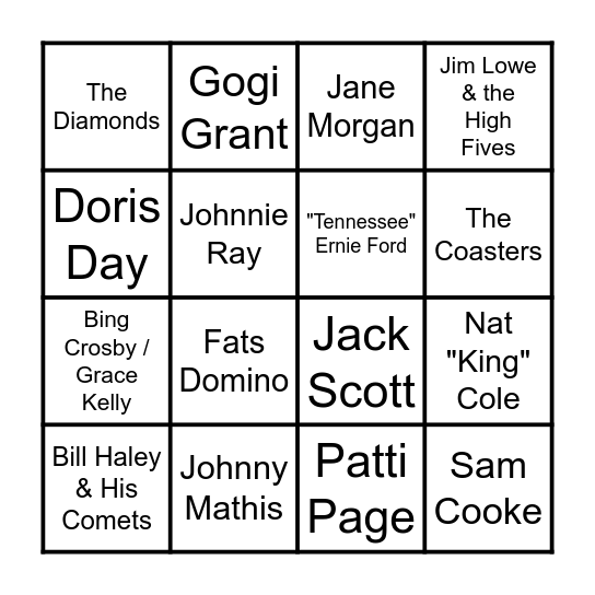 1950's Music Artists Bingo Card