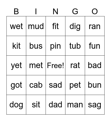 CVC Words Bingo Card