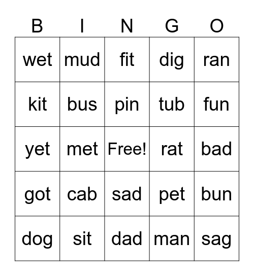 CVC Words Bingo Card