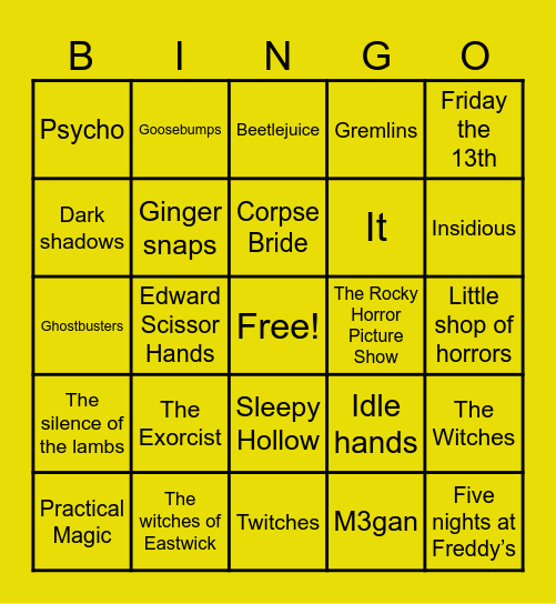 Halloween Movie Bingo Card
