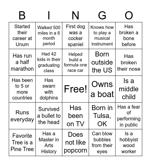 USB Fun Fact Bingo Card